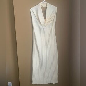Elegant Zara Pale Yellow Pleated Maxi Halter Neck Dress with open back.